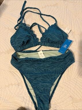 CUPSHE Teal Floral Textured Triangle High-Waist Bikini Small NWT